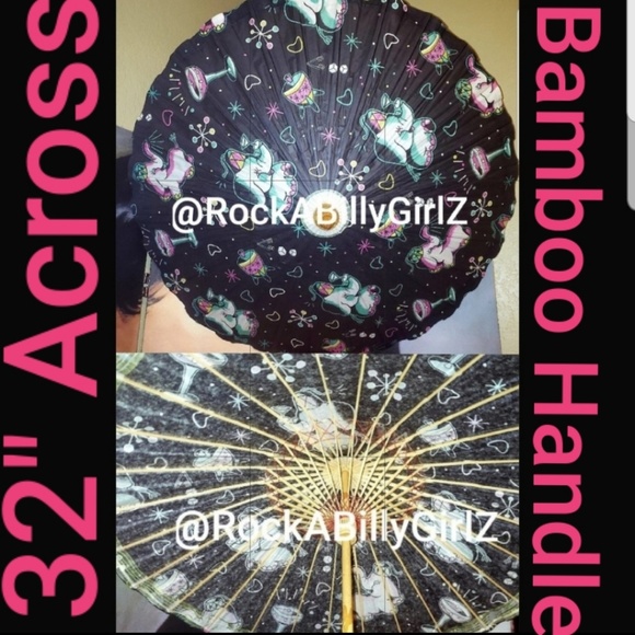 Sourpuss 32" Retro Pink Teal Elephants Martini Glass Paper Parasol Bamboo Handle - Picture 2 of 8